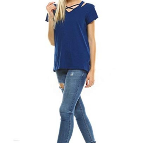 L Ma Belle Cold Shoulder V Neck Tee Shirt Cotton - Picture 3 of 4